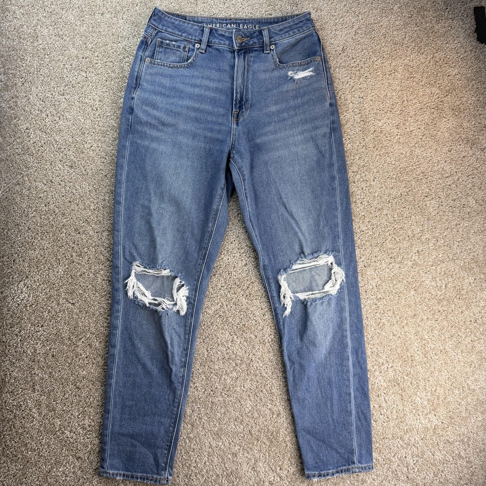 American Eagle Outfitters Mom Jeans Womens 4 Med Wash Blue Distressed Stretch